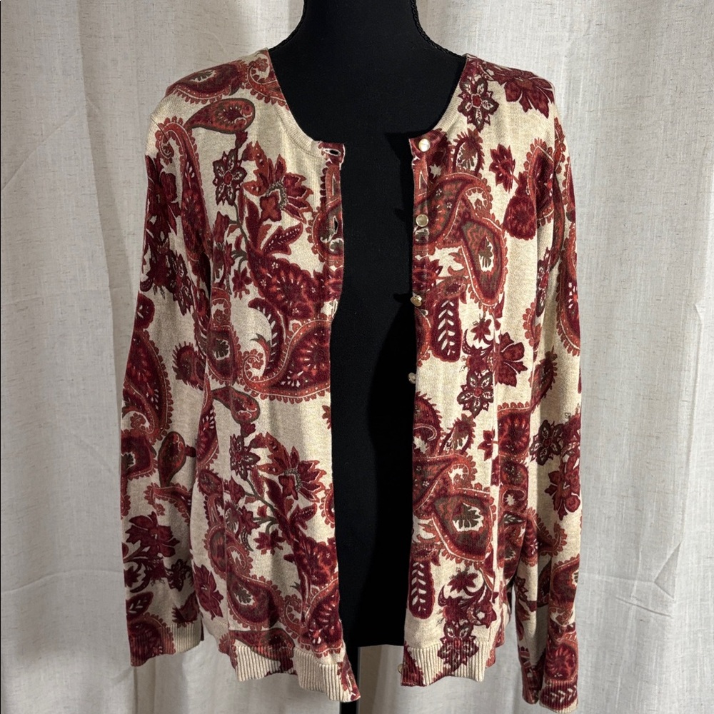 Croft & Barrow Burgundy Red and Cream Cardigan Sweater - Picture 6 of 8